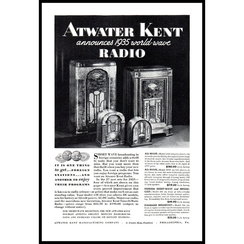 1934 Atwater Kent World Wave Radio Vintage Print Ad Antique Console Wall Art